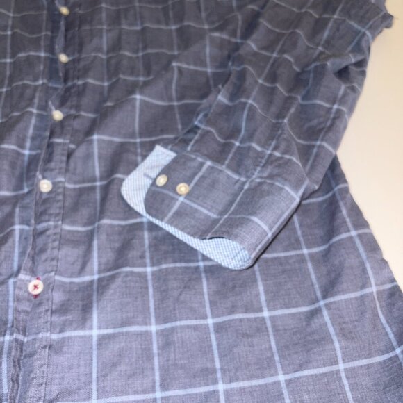 J. McLaughlin Men's Plaid Trim Fit Linen Blend Button Shirt Large Blue White - Picture 3 of 10